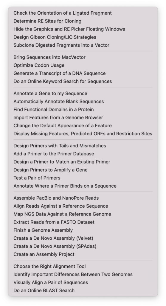 A menu from MacVector showing a list of videos.